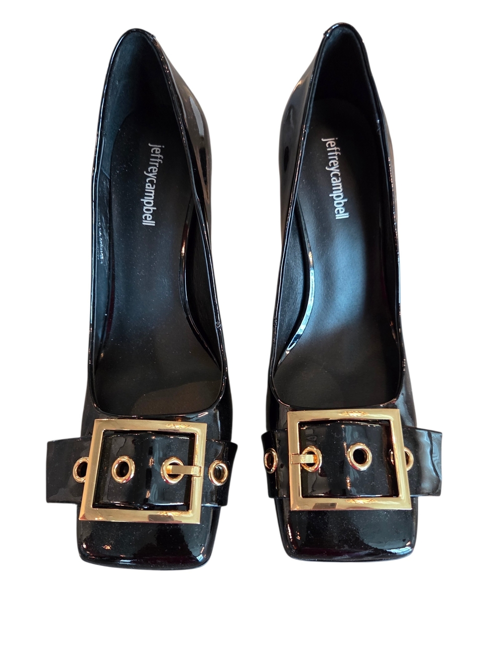 NWT Jeffrey Campbell Black Patent Pumps with Gold Buckle 10